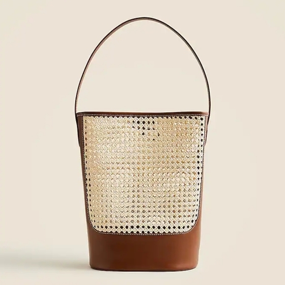New! J. Crew Berkeley Leather Raffia Bucket Bag - Picture 1 of 15